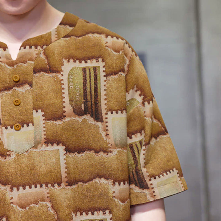 Buddha Stones Camisas de manga corta para hombre con diseño de patchwork a cuadros, estilo bohemio informal de verano y bolsillo de parche. - image 19