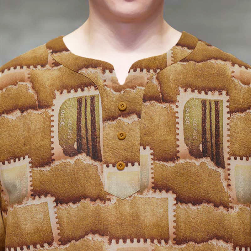 Buddha Stones Camisas de manga corta para hombre con diseño de patchwork a cuadros, estilo bohemio informal de verano y bolsillo de parche. - image 18
