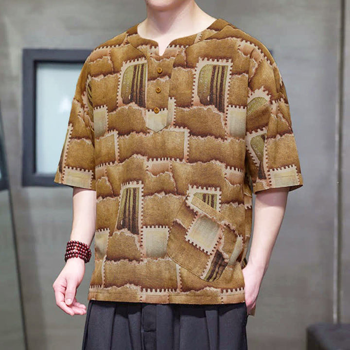 Buddha Stones Camisas de manga corta para hombre con diseño de patchwork a cuadros, estilo bohemio informal de verano y bolsillo de parche. - image 16