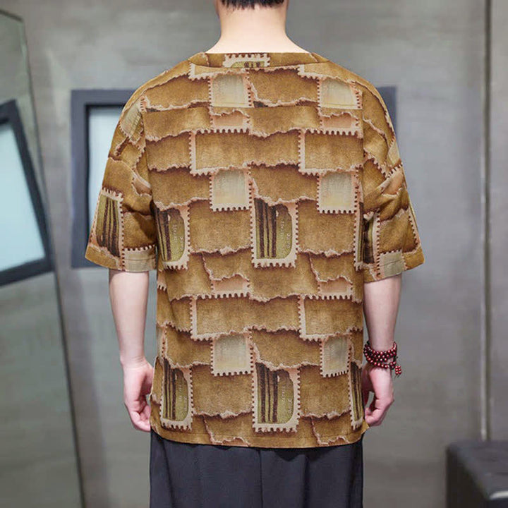 Buddha Stones Camisas de manga corta para hombre con diseño de patchwork a cuadros, estilo bohemio informal de verano y bolsillo de parche. - image 13