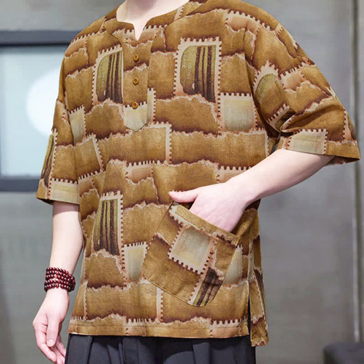 Buddha Stones Camisas de manga corta para hombre con diseño de patchwork a cuadros, estilo bohemio informal de verano y bolsillo de parche. - image 14