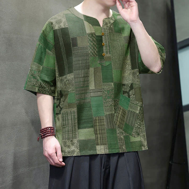 Buddha Stones Camisas de manga corta para hombre con diseño de patchwork a cuadros, estilo bohemio informal de verano y bolsillo de parche. - image 7