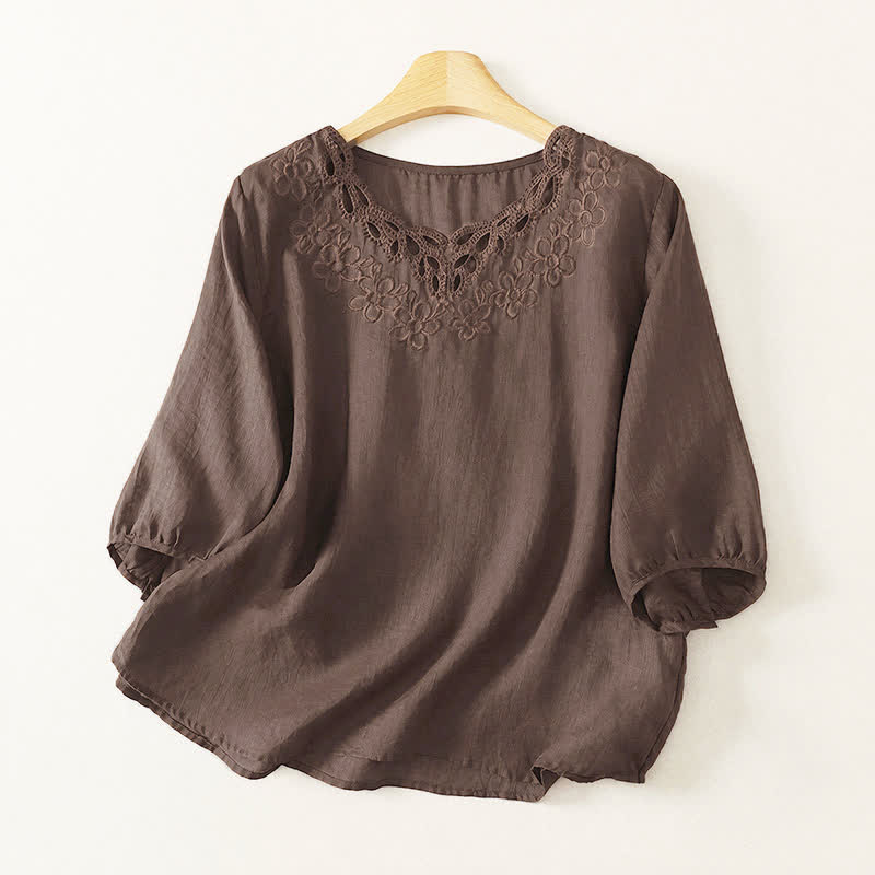 Buddha Stones Camiseta de manga tres cuartos para mujer, estilo casual vintage, con cuello redondo y bordado, para primavera/verano. - Marrón silla de montar - US12, UK/AU16, EU44 (2XL) - image 0