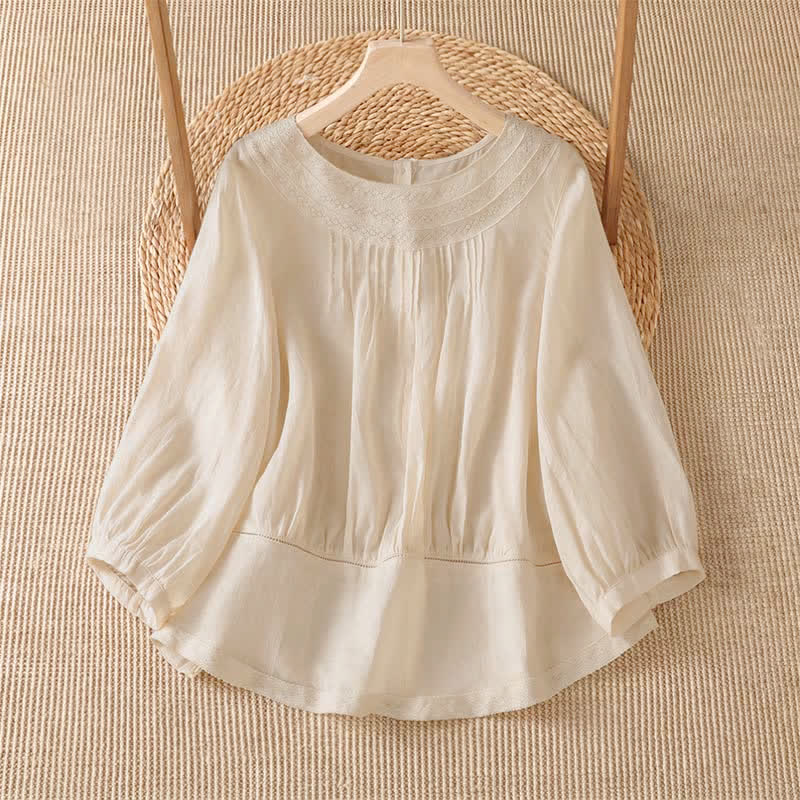 Buddha Stones Camiseta de manga larga para mujer, estilo casual elegante, con bordados, color liso, para primavera y verano. - Blanco antiguo - US12, UK/AU16, EU44 (2XL) - image 0