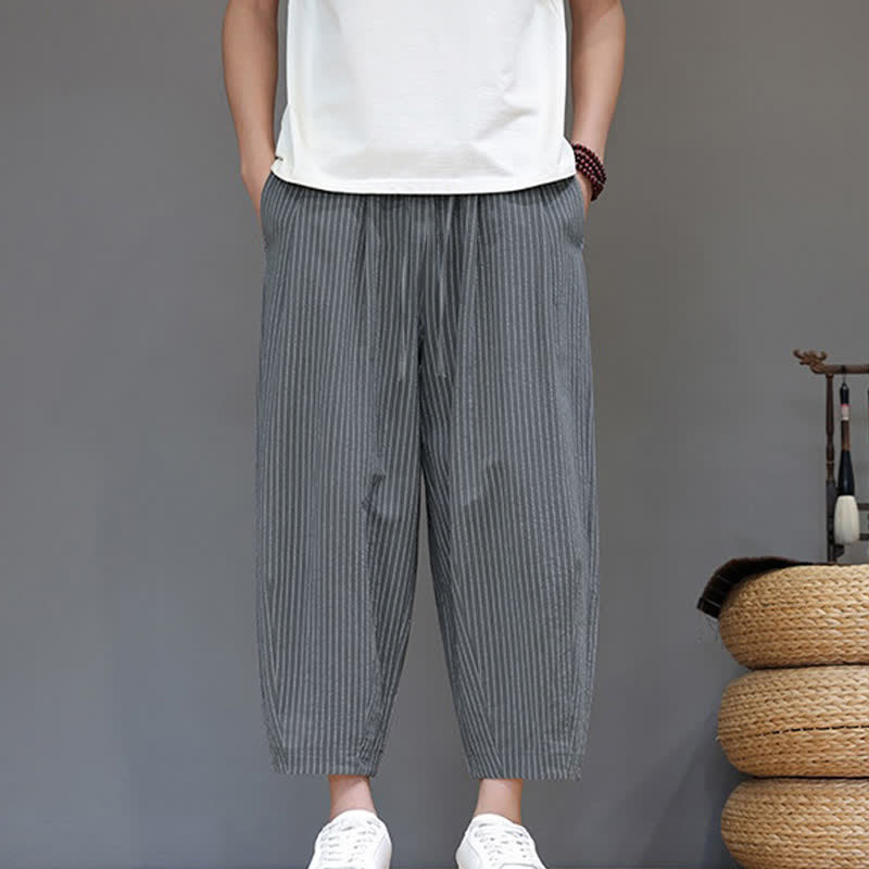 Buddha Stones Pantalones capri de algodón y lino a rayas, estilo casual de verano, minimalistas, con cordón ajustable, corte ajustado y bolsillo. - image 1