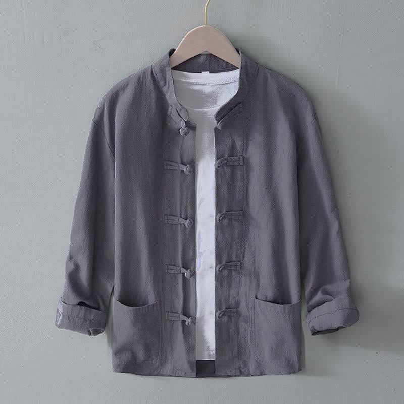 Camisa de hombre de lino y algodón con bolsillos, estilo chino Tang, con estampado de Buddha Stones y botones de rana. - Gris - US/UK/AU50, EU60 (5XL) - image 0