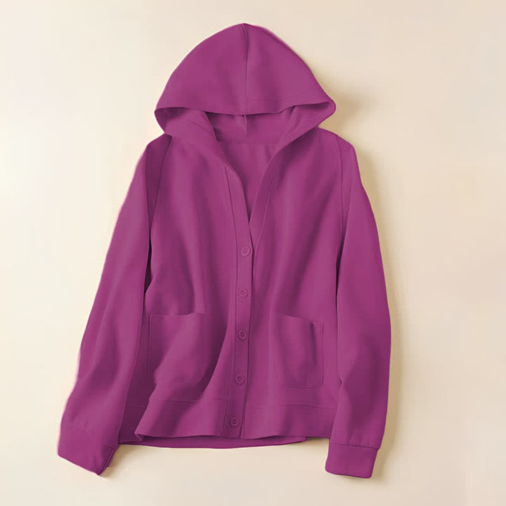 Chaqueta con capucha y bolsillos para mujer con estampado de Buddha Stones y botones lisos. - Rojo violeta medio - US8-10，UK/AU12-14，EU40-42 (2XL) - image 21