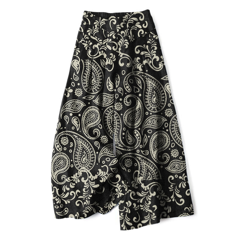 Buddha Stones Pantalones de mujer de lino y algodón con estampado paisley vintage, cintura elástica, pernera ancha y bolsillos. - Negro - US16，UK/AU20，EU48 (3XL) - image 0