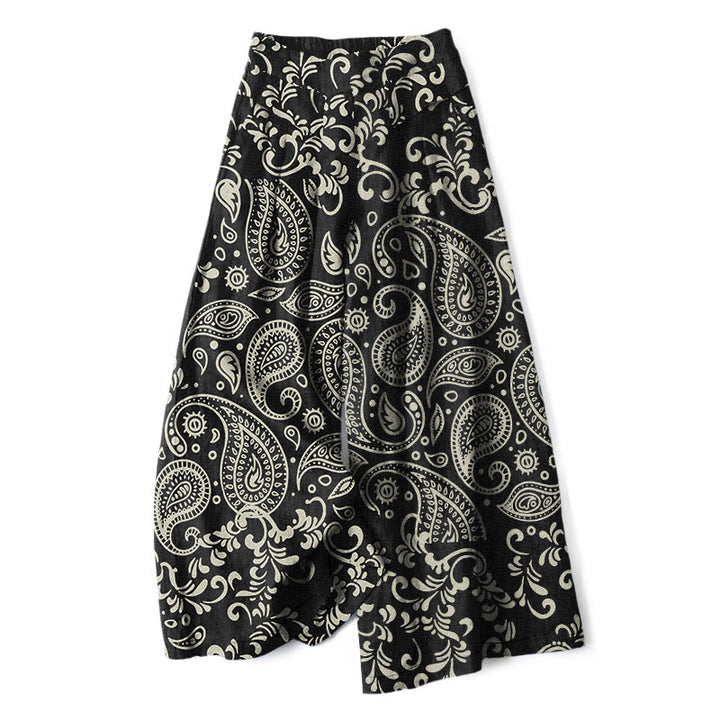 Buddha Stones Pantalones de mujer de lino y algodón con estampado paisley vintage, cintura elástica, pernera ancha y bolsillos. - Negro - US16，UK/AU20，EU48 (3XL) - image 0