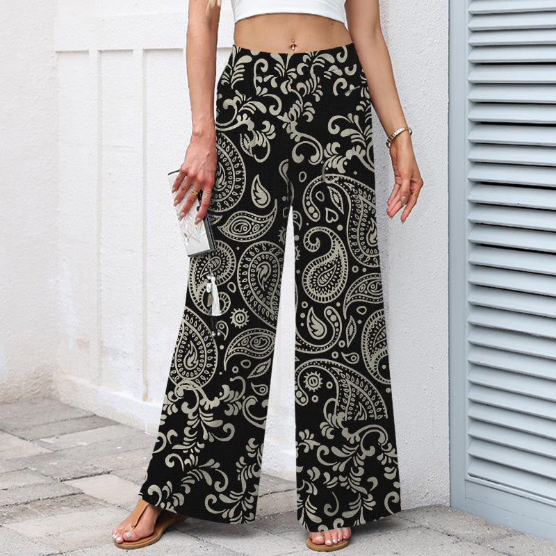 Buddha Stones Pantalones de mujer de lino y algodón con estampado paisley vintage, cintura elástica, pernera ancha y bolsillos. - image 1
