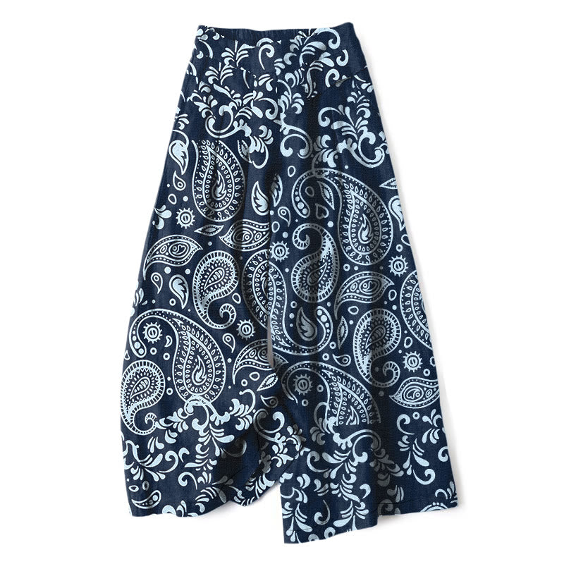 Buddha Stones Pantalones de mujer de lino y algodón con estampado paisley vintage, cintura elástica, pernera ancha y bolsillos. - Marina de guerra - US16，UK/AU20，EU48 (3XL) - image 6
