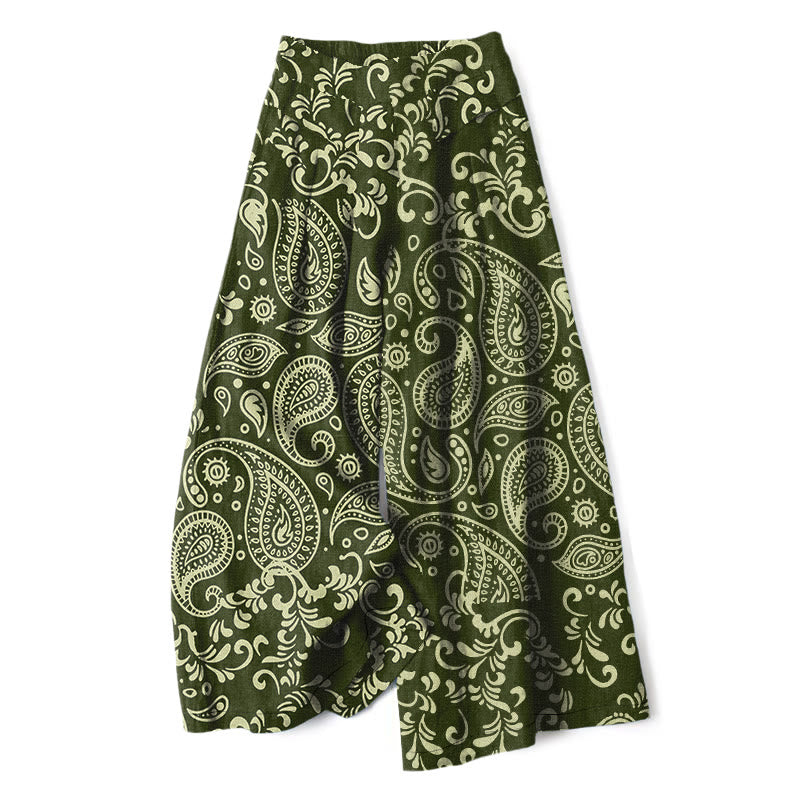 Buddha Stones Pantalones de mujer de lino y algodón con estampado paisley vintage, cintura elástica, pernera ancha y bolsillos. - Verde oliva - US16，UK/AU20，EU48 (3XL) - image 4