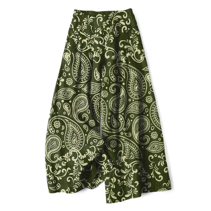 Buddha Stones Pantalones de mujer de lino y algodón con estampado paisley vintage, cintura elástica, pernera ancha y bolsillos. - Verde oliva - US16，UK/AU20，EU48 (3XL) - image 4