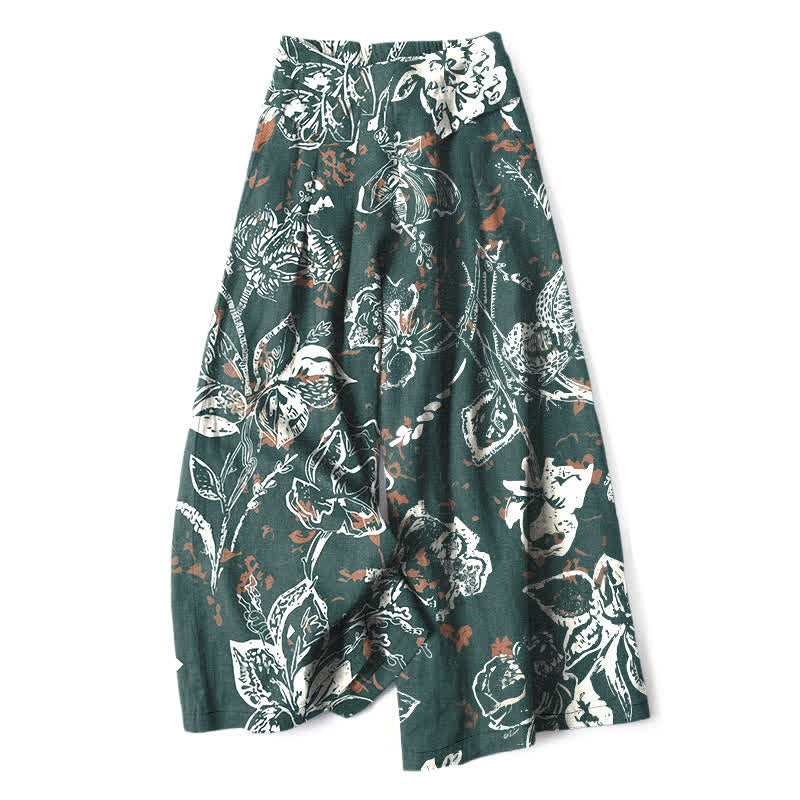 Buddha Stones Pantalones de mujer de algodón y lino, color blanco vintage, con estampado floral, cintura elástica, pernera ancha y bolsillos. - Verde azulado - US16，UK/AU20，EU48 (3XL) - image 0