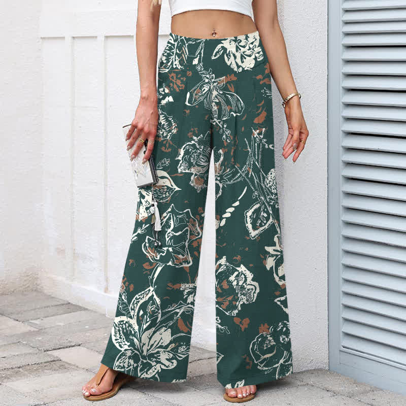 Buddha Stones Pantalones de mujer de algodón y lino, color blanco vintage, con estampado floral, cintura elástica, pernera ancha y bolsillos. - image 1