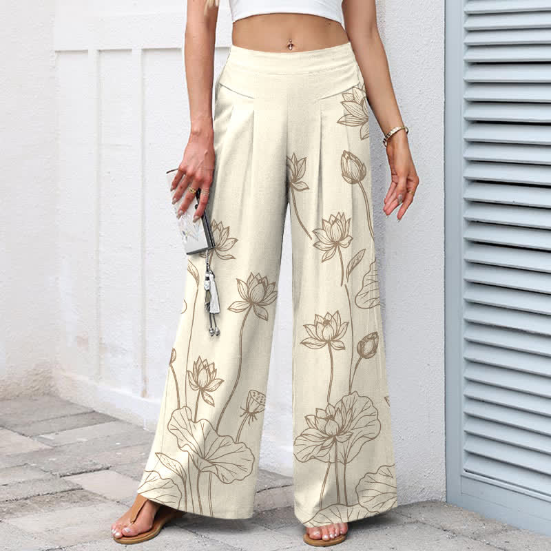 Buddha Stones Pantalones de mujer de lino y algodón con estampado vintage de loto y pernera ancha, cintura elástica y bolsillos. - image 1