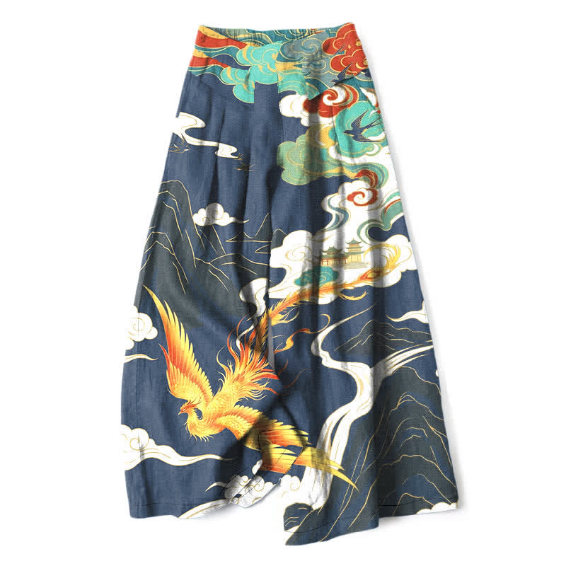 Buddha Stones Pantalones de mujer de algodón y lino con estampado de nubes de fénix, cintura elástica y pernera ancha con bolsillos. - Marina de guerra - US16，UK/AU20，EU48 (3XL) - image 0