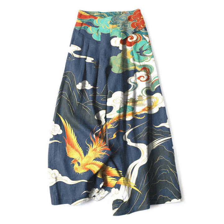 Buddha Stones Pantalones de mujer de algodón y lino con estampado de nubes de fénix, cintura elástica y pernera ancha con bolsillos. - Marina de guerra - US16，UK/AU20，EU48 (3XL) - image 0