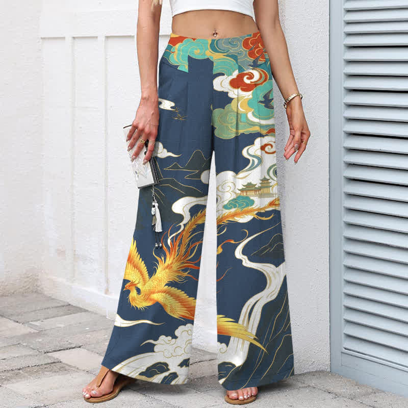 Buddha Stones Pantalones de mujer de algodón y lino con estampado de nubes de fénix, cintura elástica y pernera ancha con bolsillos. - image 1