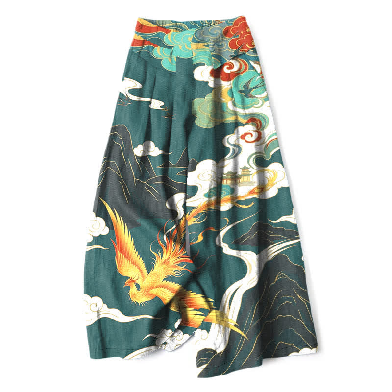 Buddha Stones Pantalones de mujer de algodón y lino con estampado de nubes de fénix, cintura elástica y pernera ancha con bolsillos. - Verde azulado - US16，UK/AU20，EU48 (3XL) - image 4