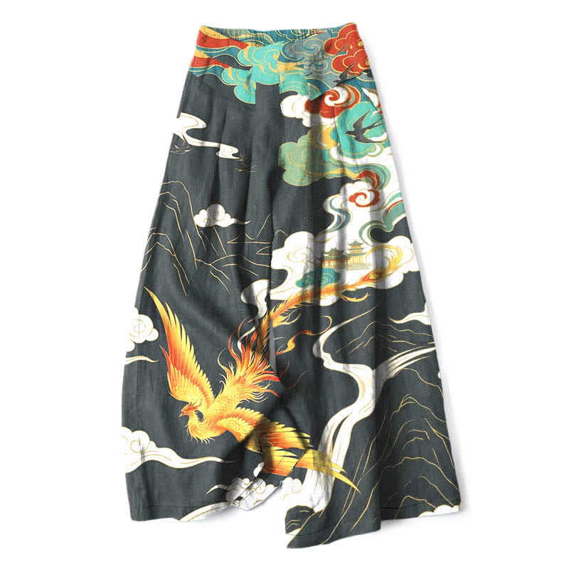 Buddha Stones Pantalones de mujer de algodón y lino con estampado de nubes de fénix, cintura elástica y pernera ancha con bolsillos. - Gris pizarra - US16，UK/AU20，EU48 (3XL) - image 6