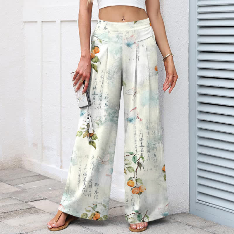 Buddha Stones Pantalones de mujer de algodón y lino con estampado vintage de mariposas y jardín de cítricos, cintura elástica y pernera ancha con bolsillos. - image 1