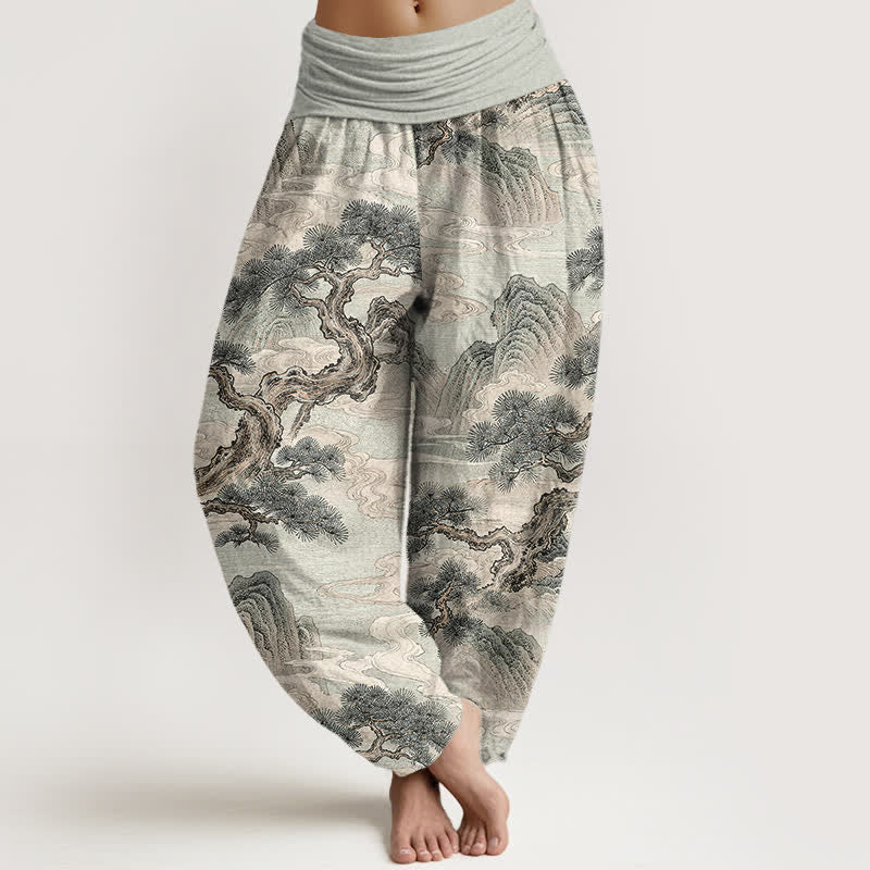 Buddha Stones Pantalones harem de mujer con cintura elástica y estampado de paisaje en algodón con efecto lavado a la tinta. - Gris claro - US16，UK/AU20，EU48 (3XL) - image 0