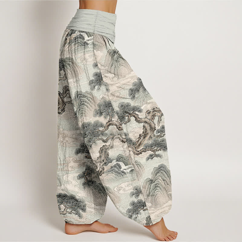 Buddha Stones Pantalones harem de mujer con cintura elástica y estampado de paisaje en algodón con efecto lavado a la tinta. - image 1