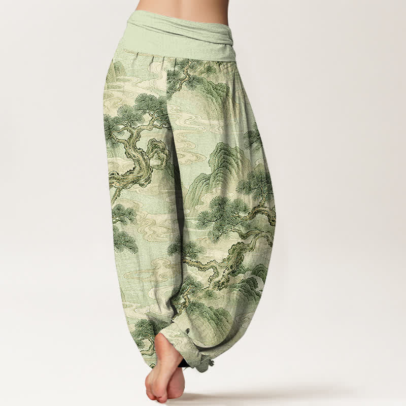 Buddha Stones Pantalones harem de mujer con cintura elástica y estampado de paisaje en algodón con efecto lavado a la tinta. - image 7