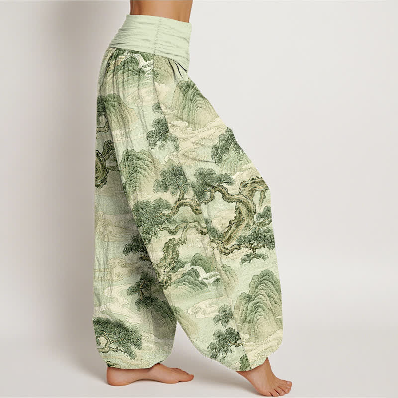 Buddha Stones Pantalones harem de mujer con cintura elástica y estampado de paisaje en algodón con efecto lavado a la tinta. - image 6