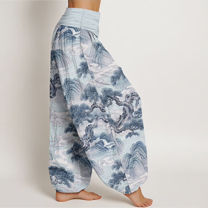 Buddha Stones Pantalones harem de mujer con cintura elástica y estampado de paisaje en algodón con efecto lavado a la tinta. - image 9