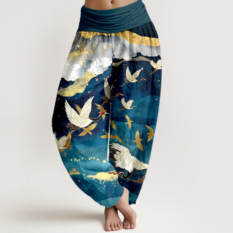 Buddha Stones Pantalones harem de mujer con cintura elástica y estampado de grullas voladoras doradas de algodón. - Verde azulado - US16，UK/AU20，EU48 (3XL) - image 0