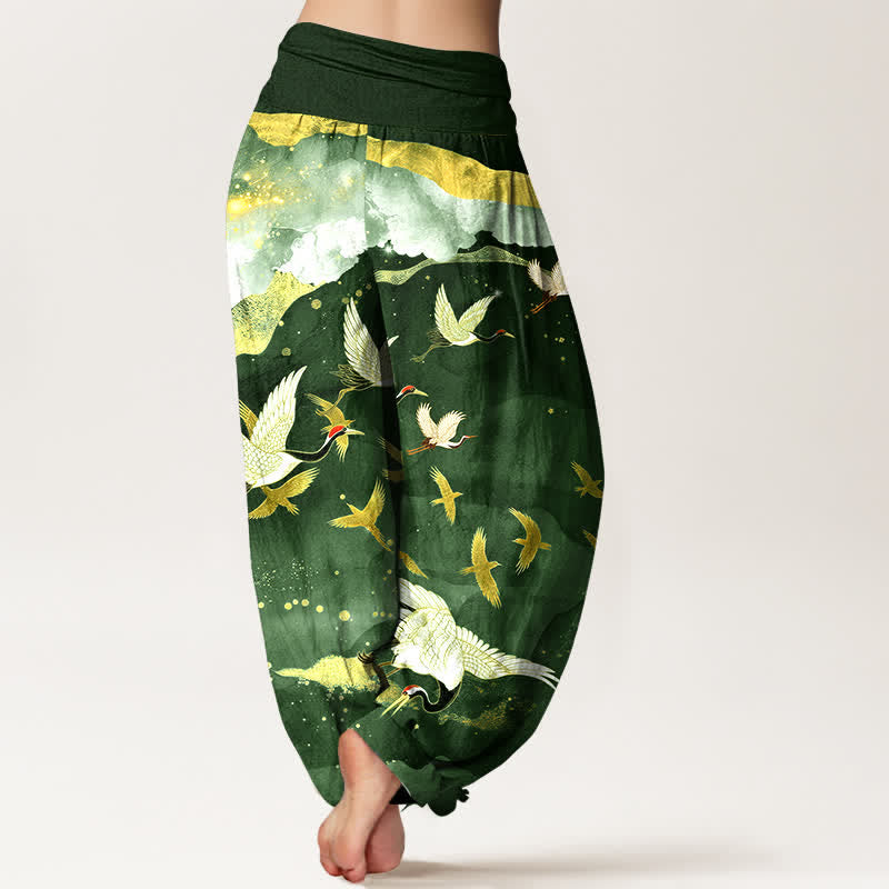 Buddha Stones Pantalones harem de mujer con cintura elástica y estampado de grullas voladoras doradas de algodón. - image 7