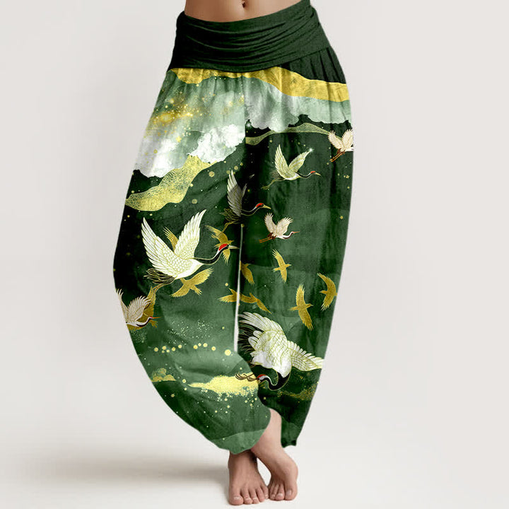 Buddha Stones Pantalones harem de mujer con cintura elástica y estampado de grullas voladoras doradas de algodón. - Verde oscuro - US16，UK/AU20，EU48 (3XL) - image 5