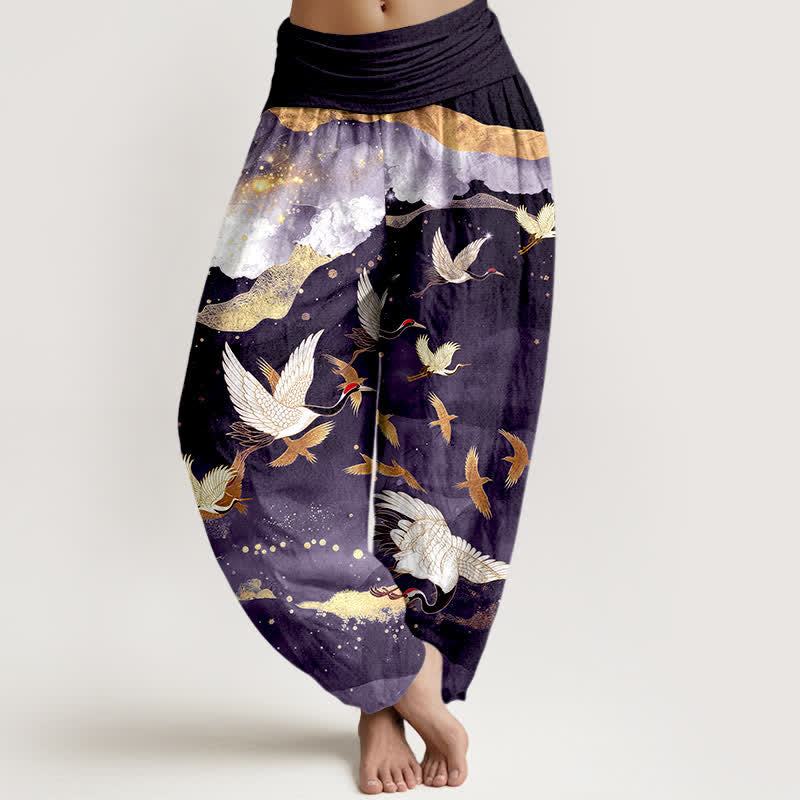 Buddha Stones Pantalones harem de mujer con cintura elástica y estampado de grullas voladoras doradas de algodón. - Índigo - US16，UK/AU20，EU48 (3XL) - image 8
