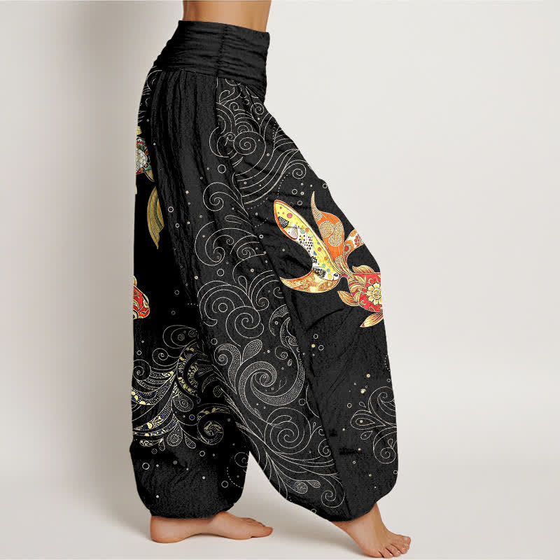 Buddha Stones Pantalones harem de algodón con estampado de remolinos de peces koi para mujer con cintura elástica. - image 1