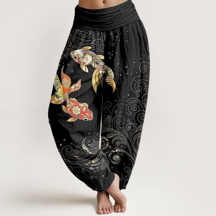Buddha Stones Pantalones harem de algodón con estampado de remolinos de peces koi para mujer con cintura elástica. - Negro - US16，UK/AU20，EU48 (3XL) - image 0