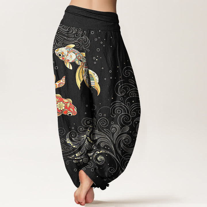Buddha Stones Pantalones harem de algodón con estampado de remolinos de peces koi para mujer con cintura elástica. - image 2