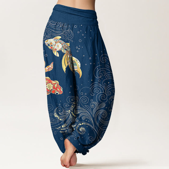 Buddha Stones Pantalones harem de algodón con estampado de remolinos de peces koi para mujer con cintura elástica. - image 7