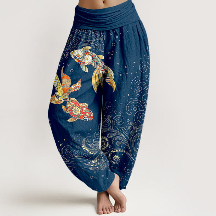 Buddha Stones Pantalones harem de algodón con estampado de remolinos de peces koi para mujer con cintura elástica. - Marina de guerra - US16，UK/AU20，EU48 (3XL) - image 5