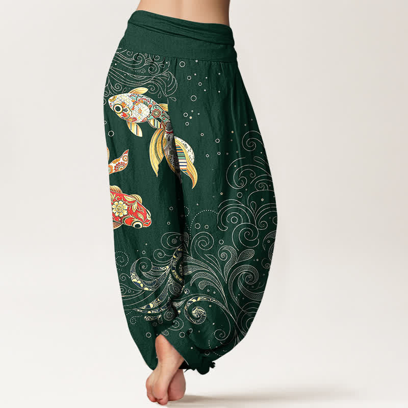 Buddha Stones Pantalones harem de algodón con estampado de remolinos de peces koi para mujer con cintura elástica. - image 10