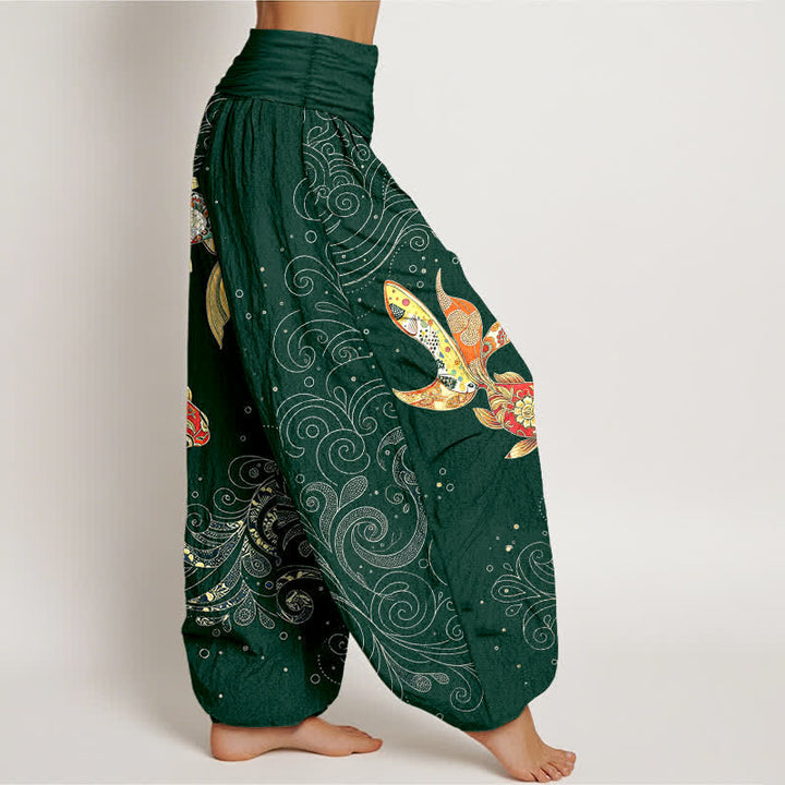 Buddha Stones Pantalones harem de algodón con estampado de remolinos de peces koi para mujer con cintura elástica. - image 9