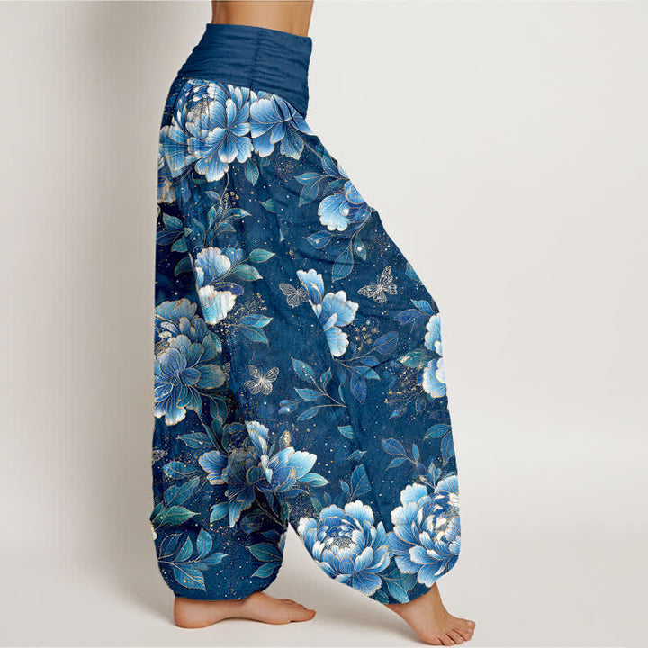 Buddha Stones Pantalones harem de algodón con estampado de mariposas y peonías para mujer con cintura elástica. - image 1