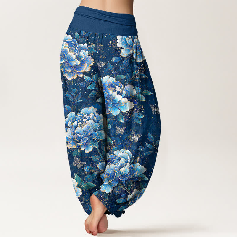 Buddha Stones Pantalones harem de algodón con estampado de mariposas y peonías para mujer con cintura elástica. - image 2