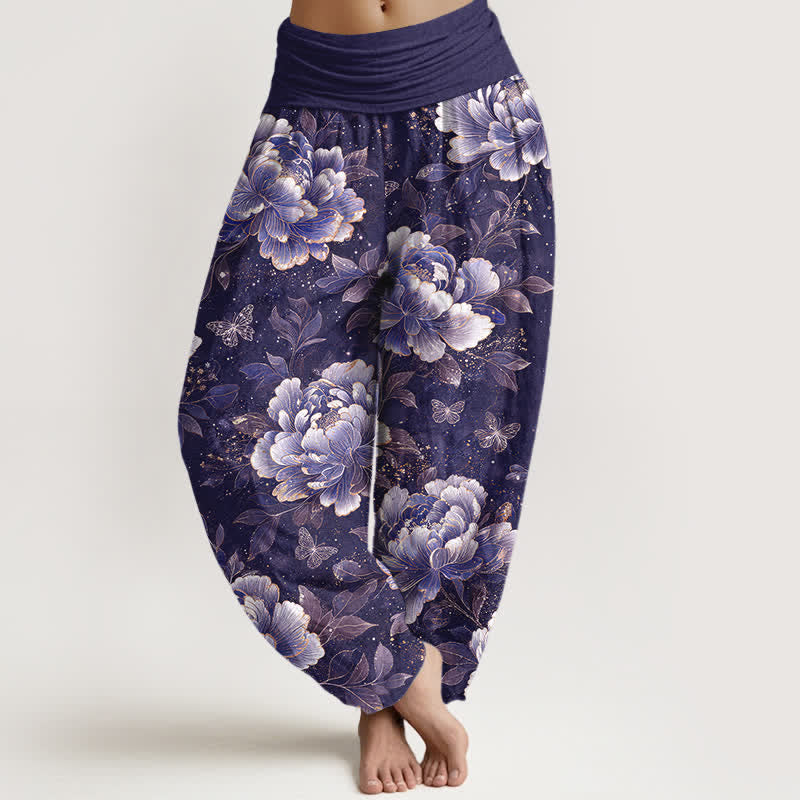 Buddha Stones Pantalones harem de algodón con estampado de mariposas y peonías para mujer con cintura elástica. - Índigo - US16，UK/AU20，EU48 (3XL) - image 5