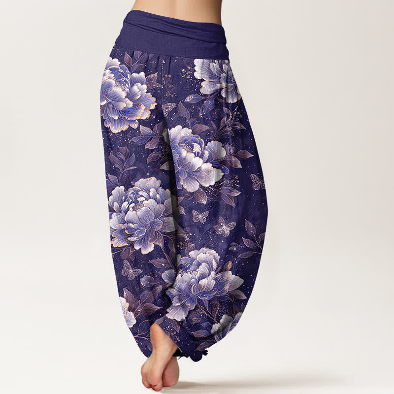 Buddha Stones Pantalones harem de algodón con estampado de mariposas y peonías para mujer con cintura elástica. - image 7