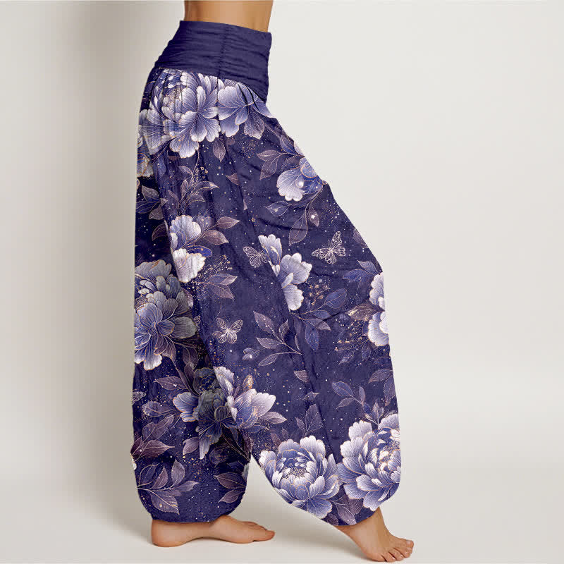 Buddha Stones Pantalones harem de algodón con estampado de mariposas y peonías para mujer con cintura elástica. - image 6