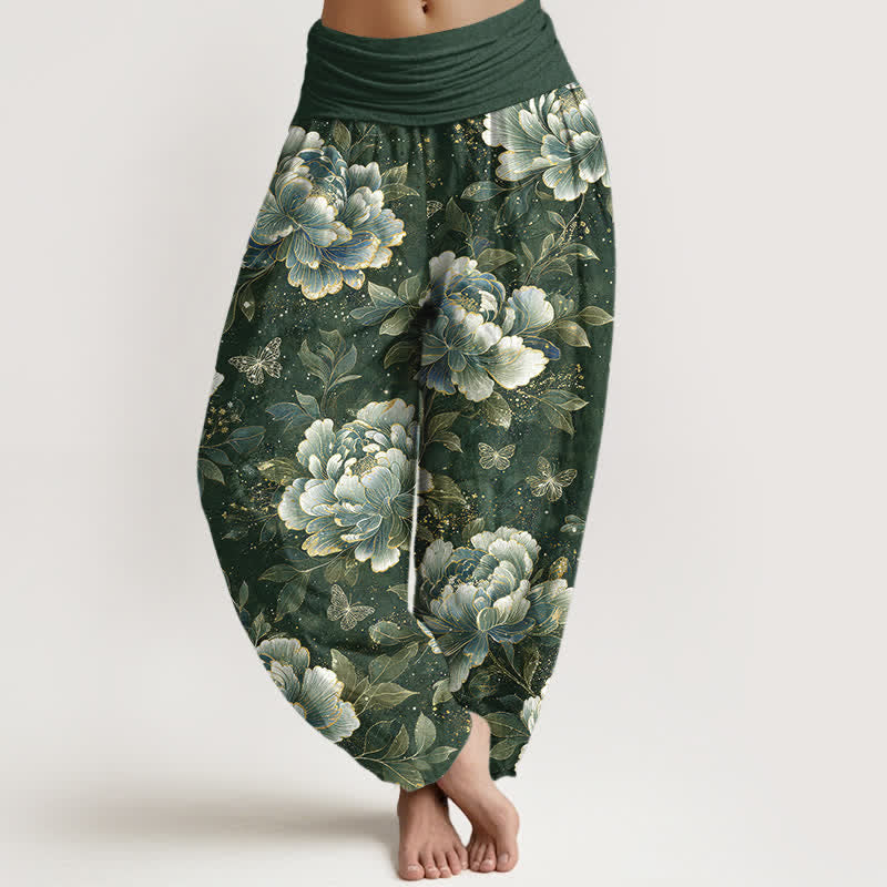 Buddha Stones Pantalones harem de algodón con estampado de mariposas y peonías para mujer con cintura elástica. - Verdemar - US16，UK/AU20，EU48 (3XL) - image 8
