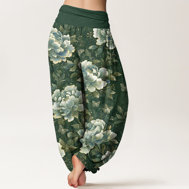 Buddha Stones Pantalones harem de algodón con estampado de mariposas y peonías para mujer con cintura elástica. - image 10
