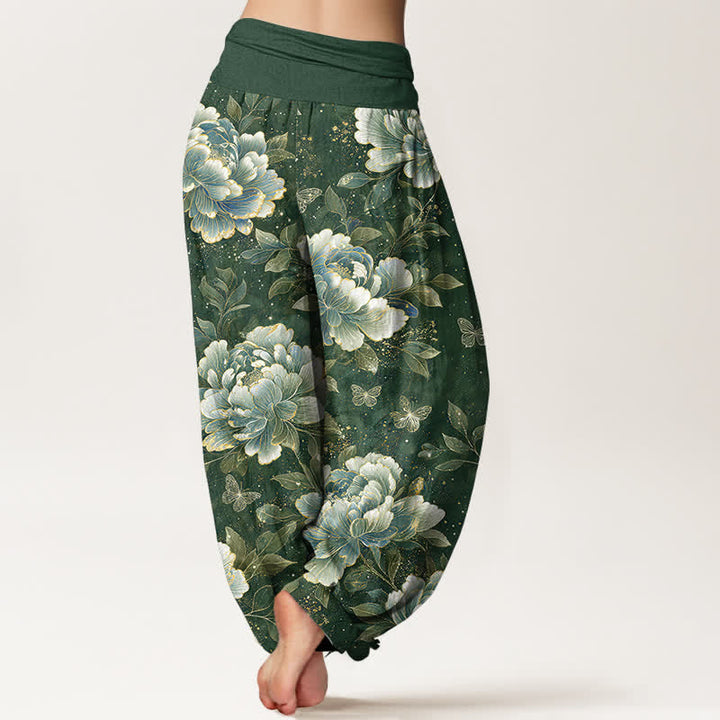 Buddha Stones Pantalones harem de algodón con estampado de mariposas y peonías para mujer con cintura elástica. - image 10